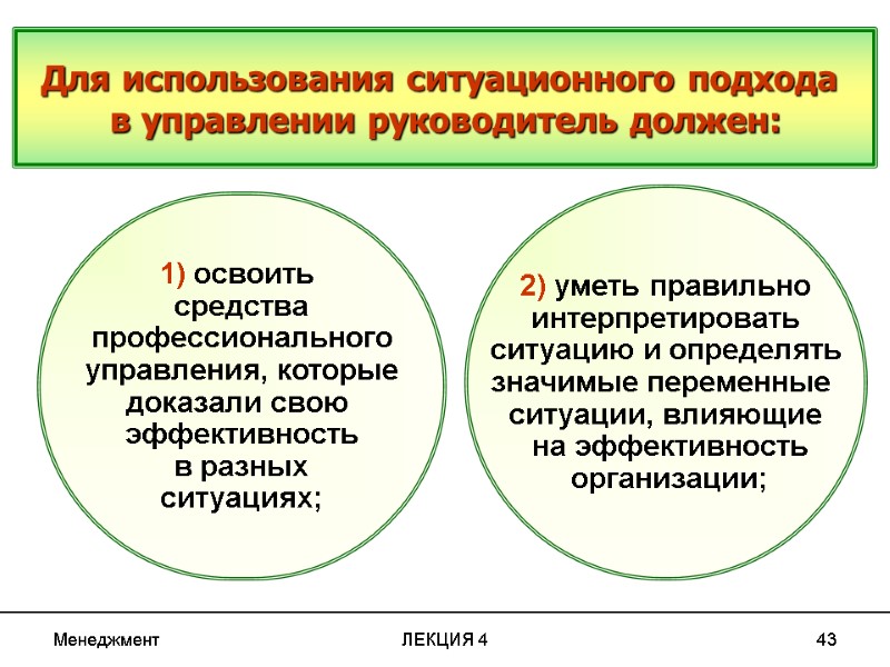 Менеджмент ЛЕКЦИЯ 4 43 Для использования ситуационного подхода в управлении руководитель должен: 1) Менеджмент ЛЕКЦИЯ 4 43 Для использования ситуационного подхода в управлении руководитель должен: 1)